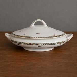 Antique Buffalo China 1920 Lidded‎ Vegetable Tureen Floral Lattice Gold Gilt
